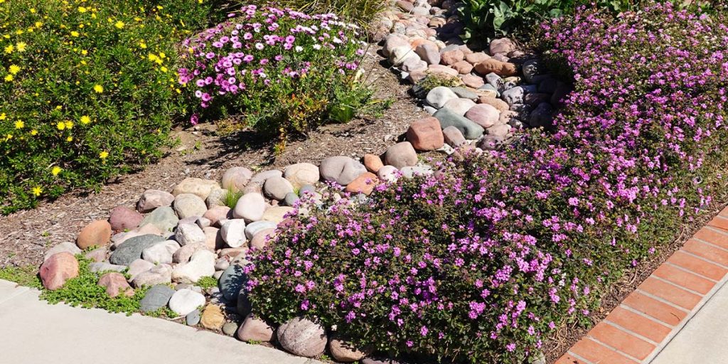 This is a picture of drainage rock worked into a landscaping section of a residential yard.